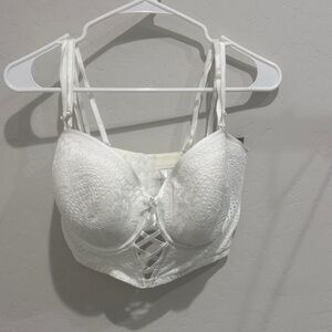 Cacique White Lace Longline Bralette with Front Lace-Up